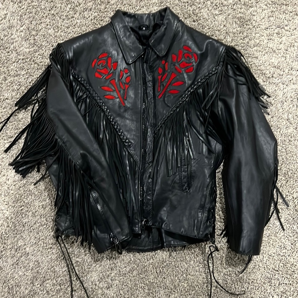 Barney’s leather jacket with suede roses